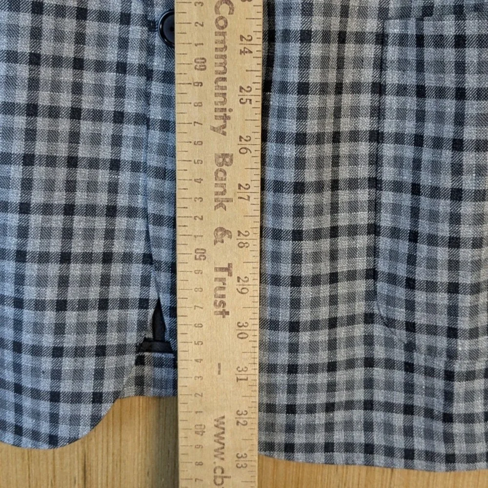 Hickey Freeman Mens 46L Gingham Check Linen Wool Blend Blazer Sport Coat Grey
